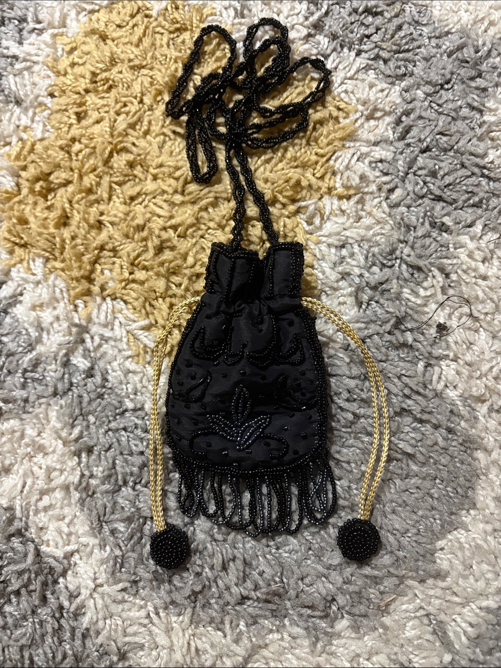 Black Beaded Drawstring Evening Pouch
